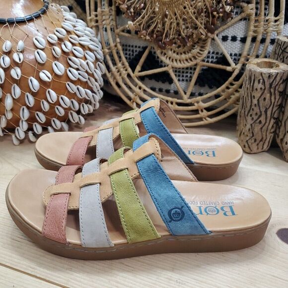 EUC Born Womens 8M Lynae Slip On Sandals Strappy Leather Sand Multi Comfort - Picture 4 of 14